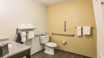 A bathroom with a toilet, sink, and handrails.