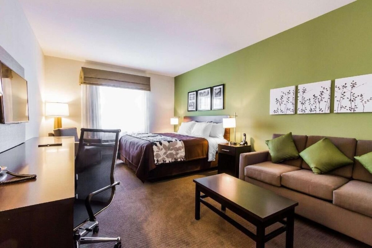 Una habitación de hotel con una cama, un escritorio, una silla, un sofá y obras de arte en las paredes.