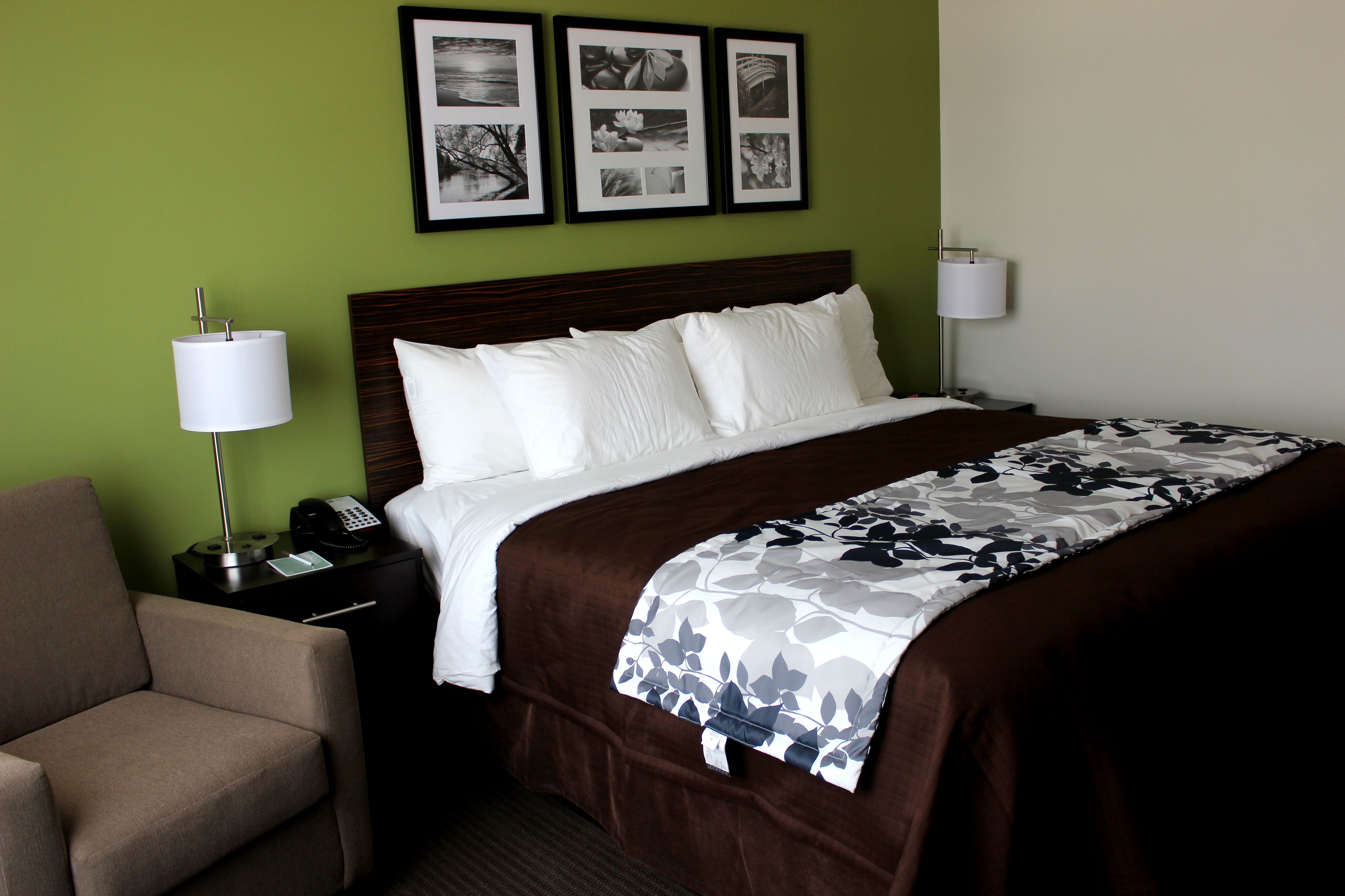 A hotel room with a large bed, a chair, a nightstand with a lamp, and framed pictures on the wall.