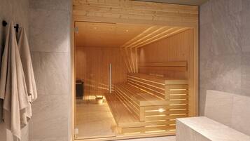 A sauna with wooden benches and a glass door, set against a tiled wall.