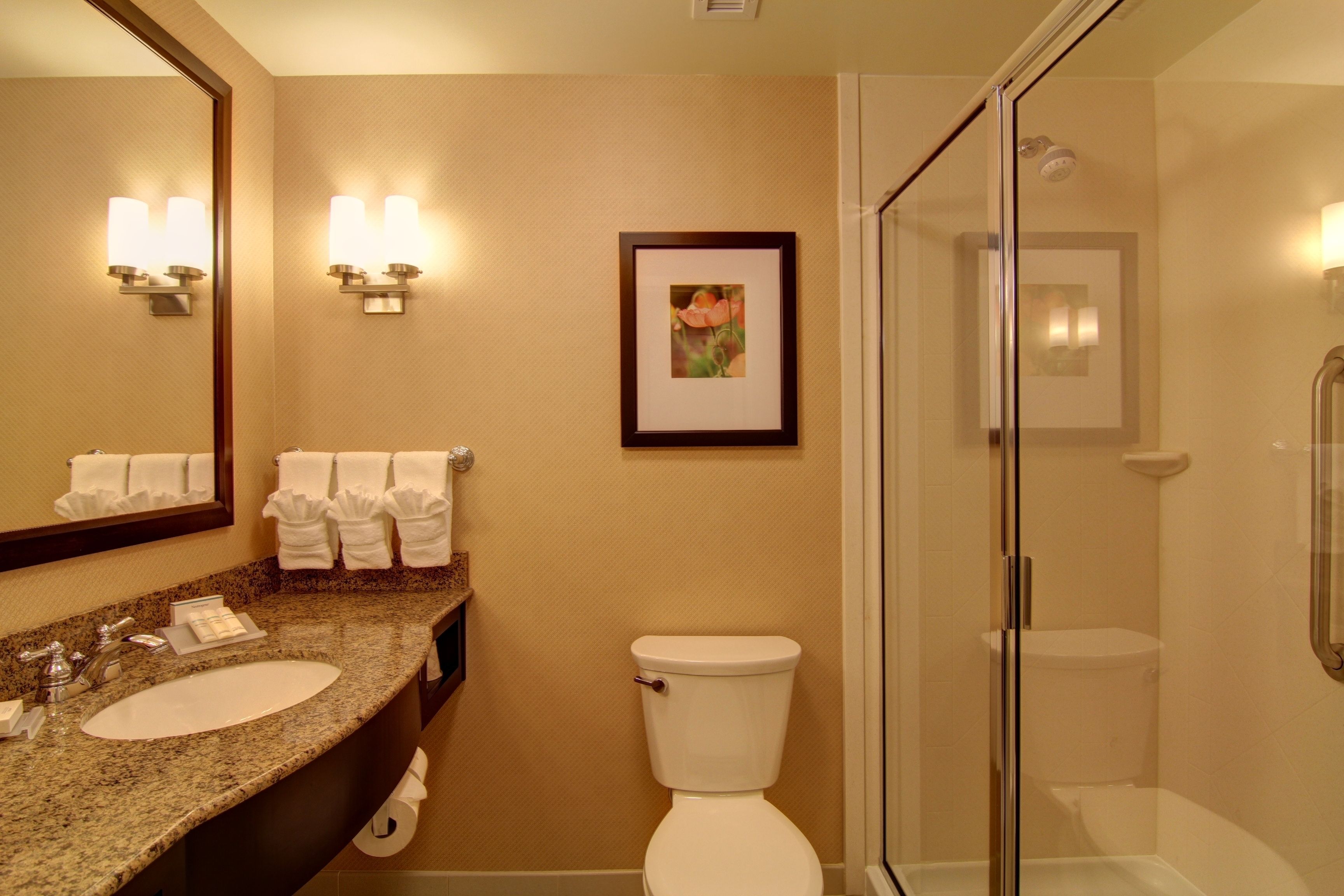 A bathroom with a granite countertop, two sinks, a toilet, a framed picture on the wall, and a glass-enclosed shower.
