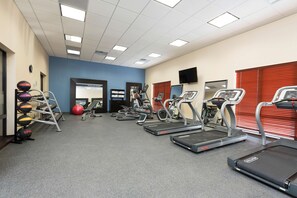 A gym with treadmills, elliptical machines, and a variety of exercise balls.