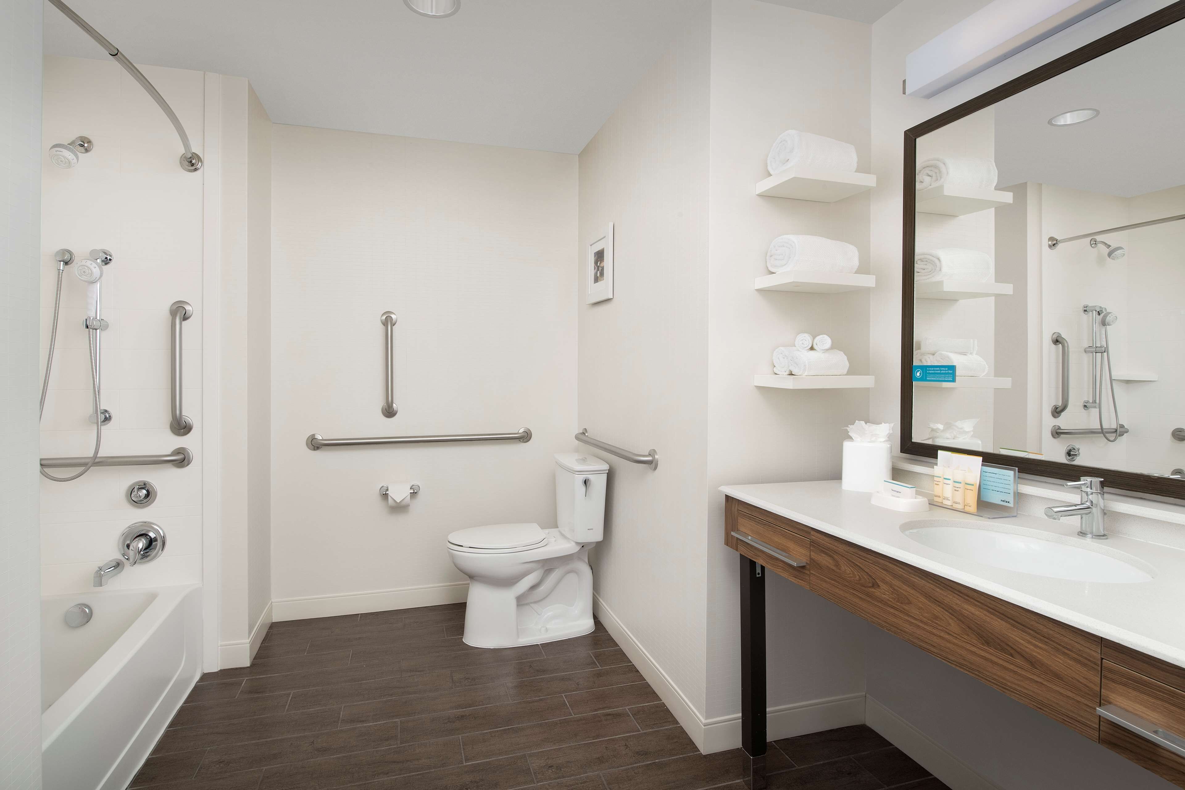 combined shower/bathtub, free toiletries, hair dryer, bathrobes