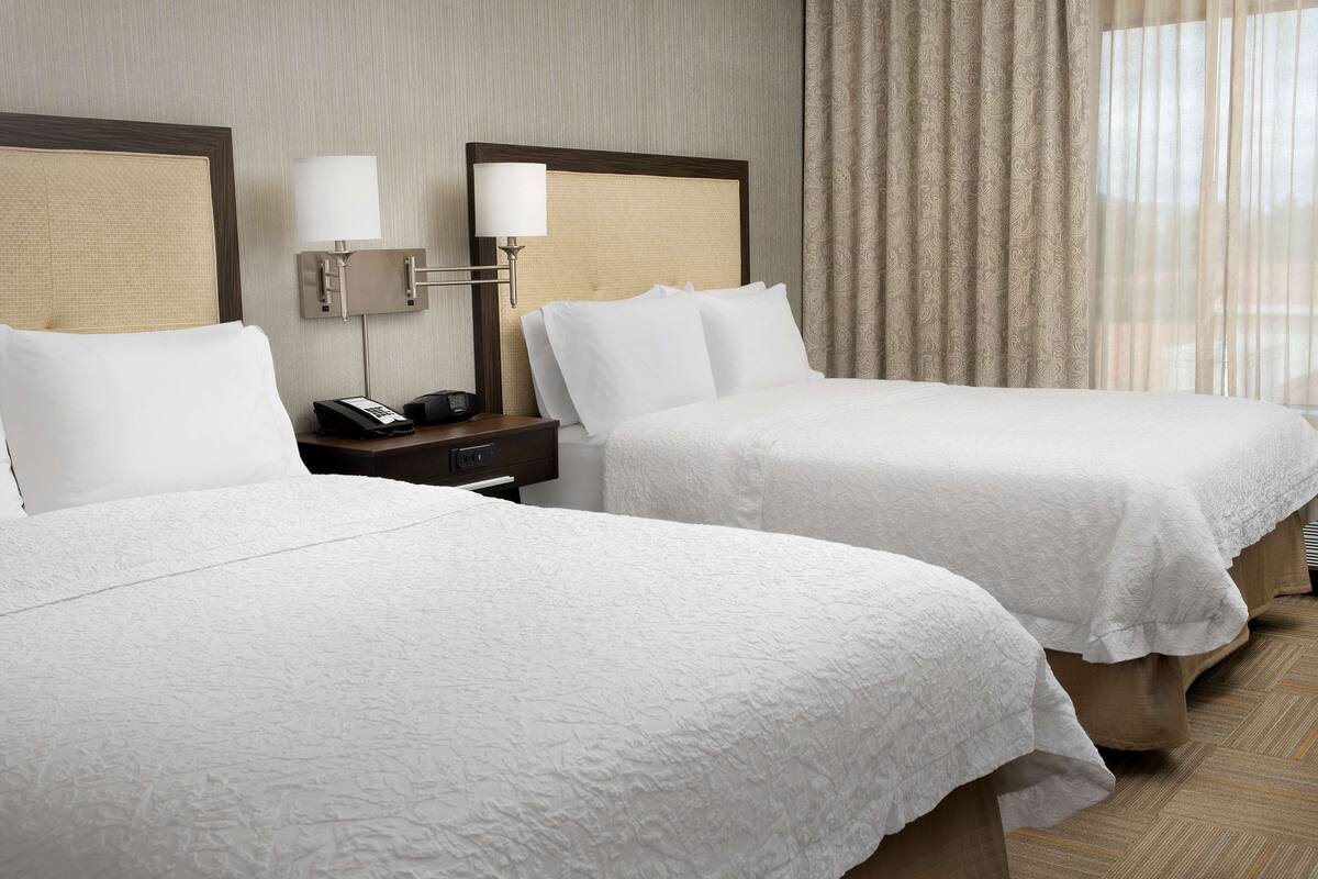 Une chambre d’hôtel avec deux lits, une table de chevet avec une lampe et une vue sur l’extérieur à travers des rideaux légers.