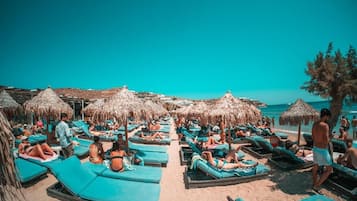 Trên bãi biển, ghế dài tắm nắng, dù trên bãi biển