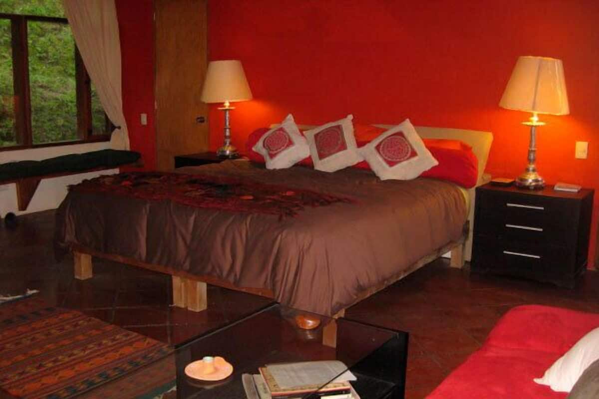 A bedroom with a large bed, two bedside tables with lamps, a window with curtains, and a red wall.