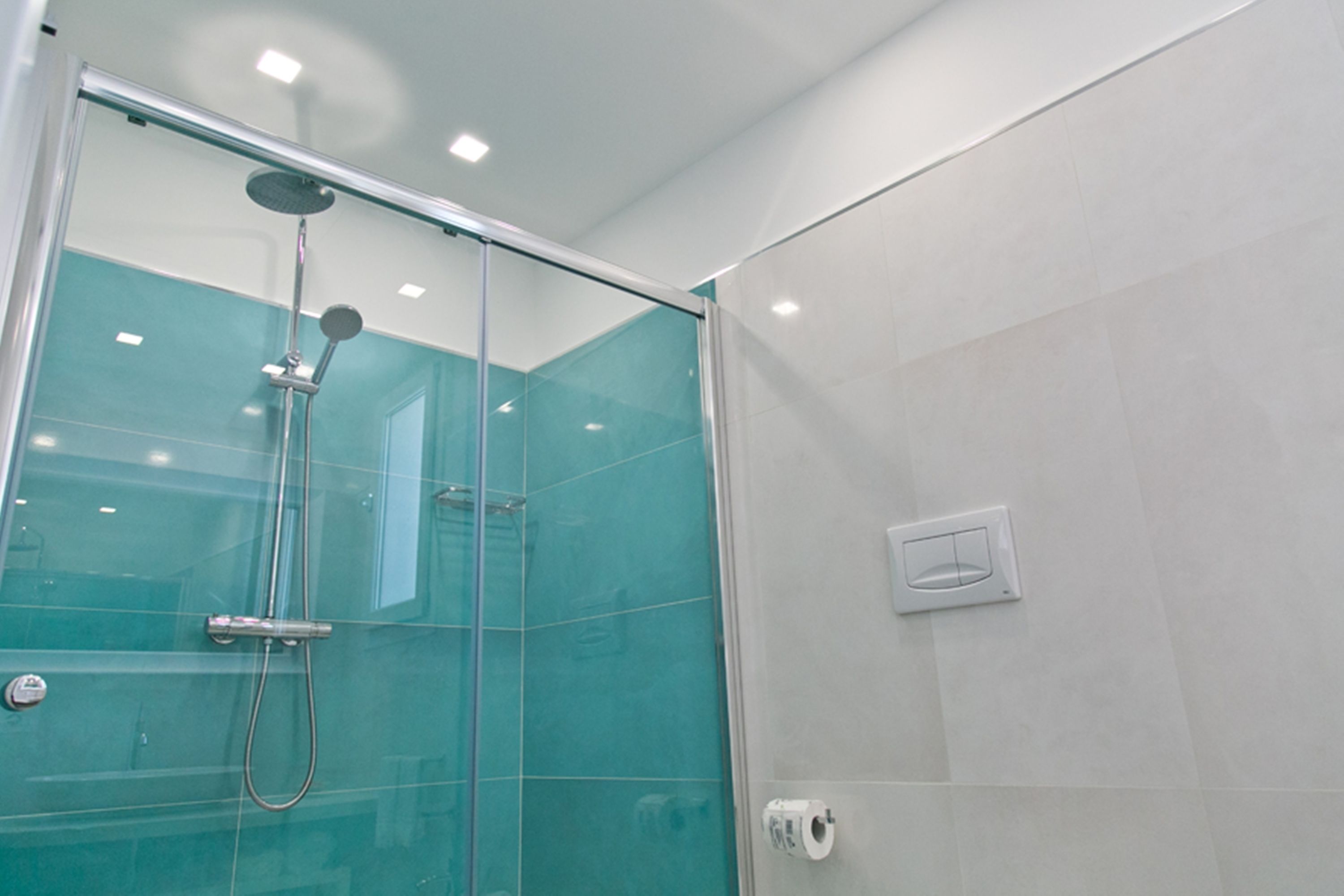 A modern bathroom with a glass shower enclosure, a visible toilet paper holder, and a light switch on the wall.