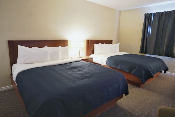 Una habitación de hotel con dos camas individuales, una mesita de noche con lámpara y una ventana con cortinas.