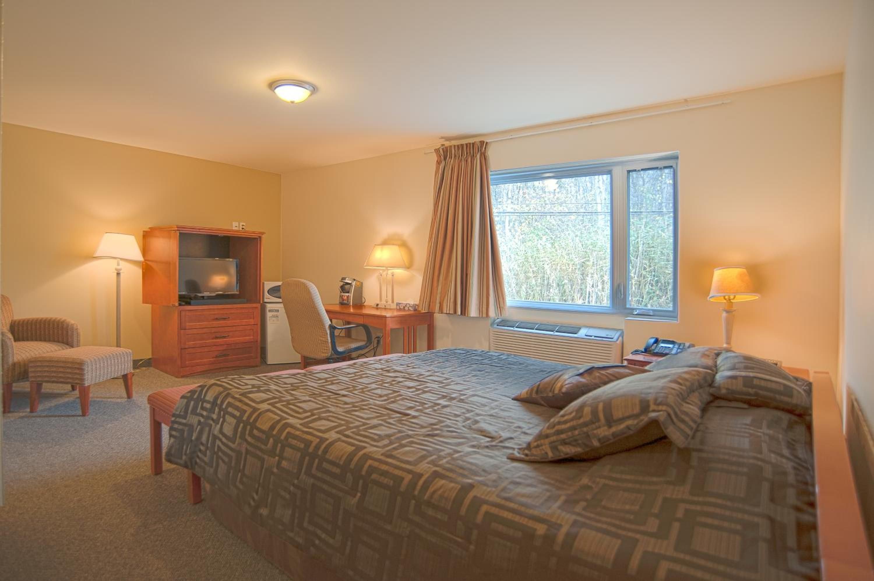 A hotel room with a bed, a desk, a chair, a television, and a window with curtains.