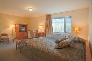 Una habitación de hotel con una cama, un escritorio, una silla, un televisor y una ventana con cortinas.