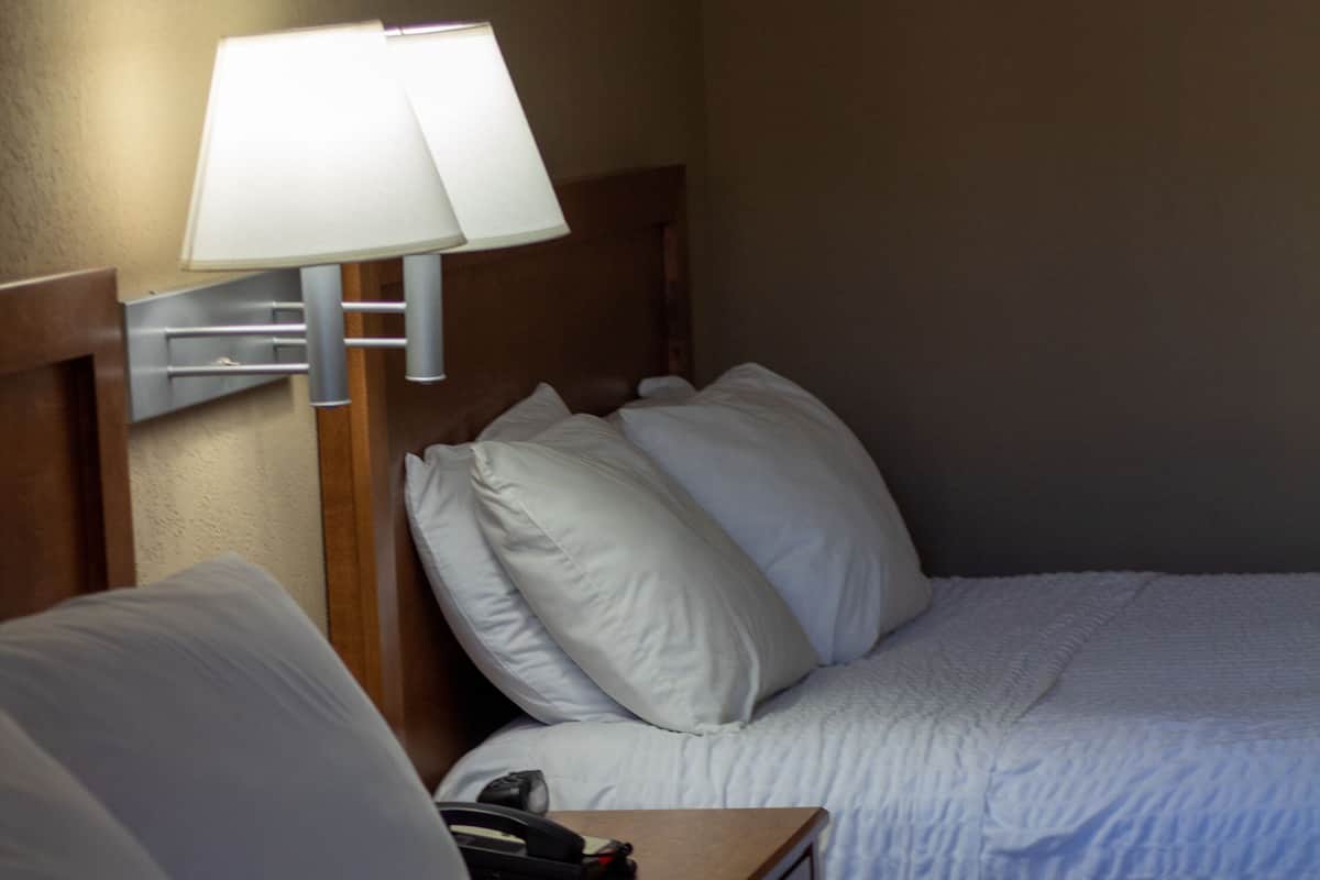 A hotel room with two beds, a nightstand, and a lamp.