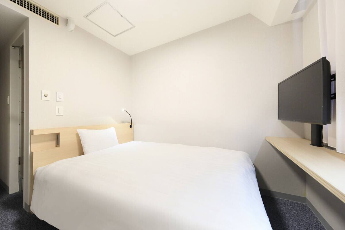 A hotel room with a bed, a desk, a television, and a door.