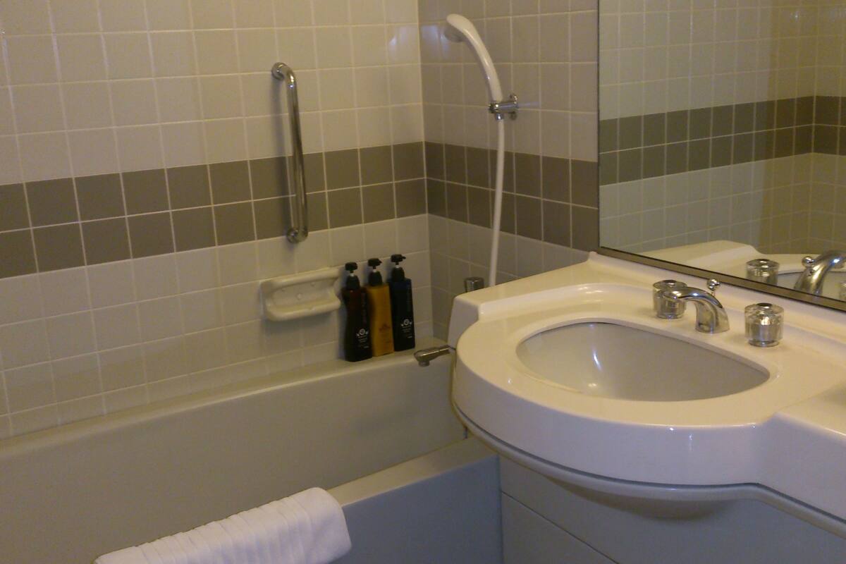 combined shower/bathtub, rainfall showerhead, free toiletries