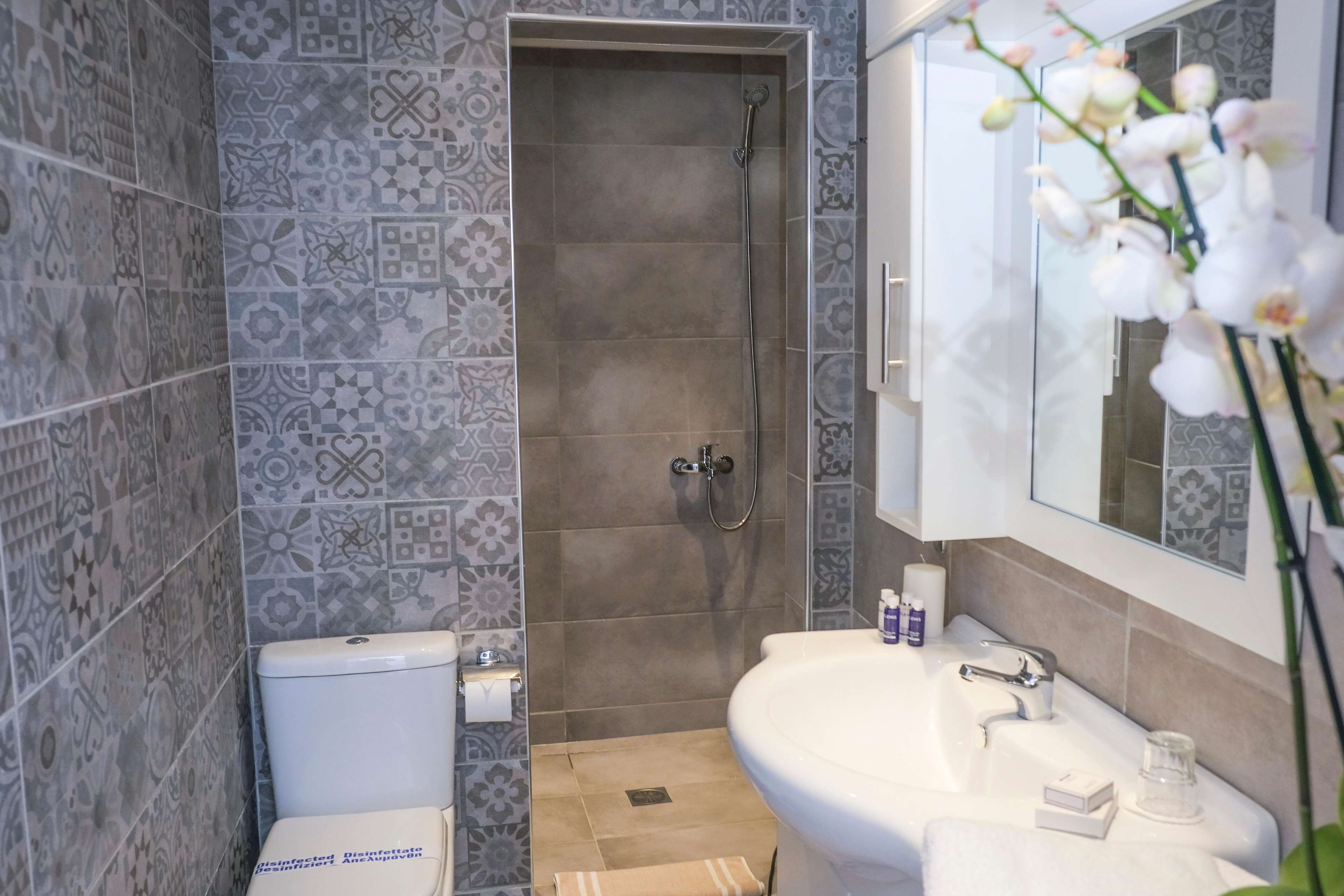 A bathroom with patterned tiles, a toilet, a shower, and a sink with a mirror.