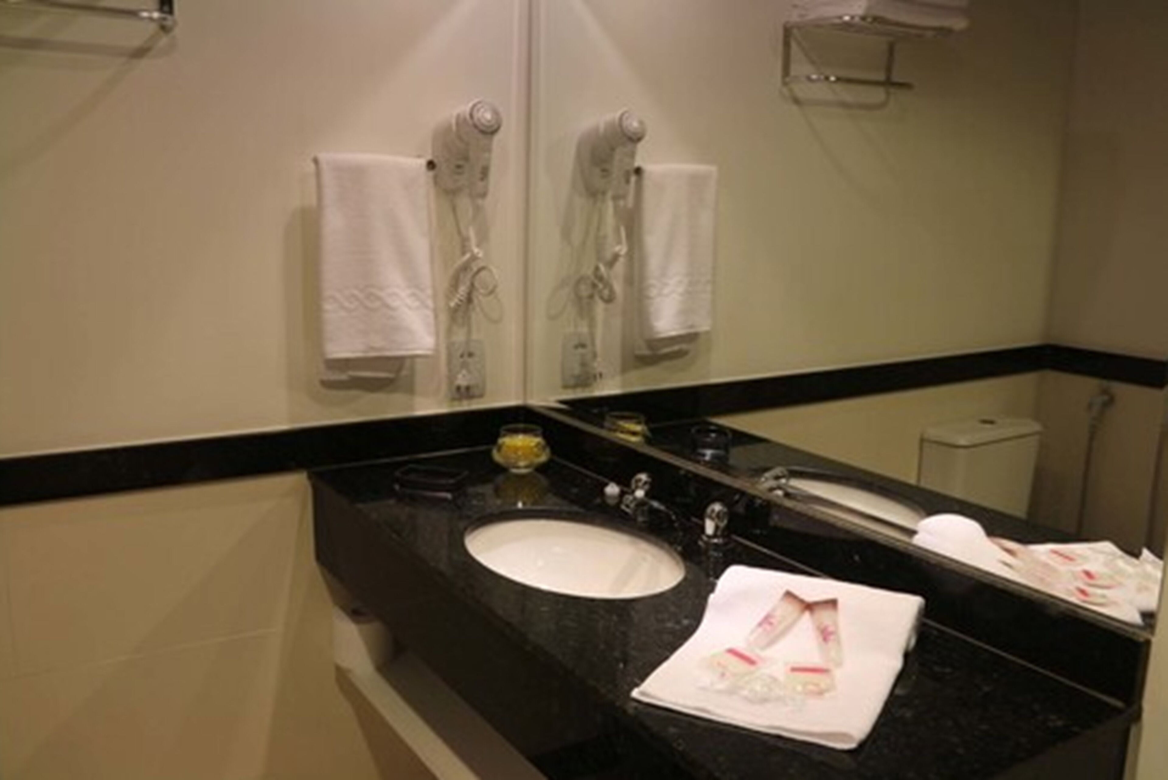 hair dryer, towels, soap, shampoo