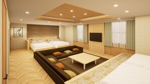 A modern hotel room with a large bed, a sofa bed, a small table, and a TV. - Marroad Hakone (Hakone)