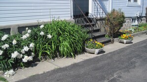 A residential street with houses, a sidewalk, and flower planters. - Rosecourt Motel (Stratford)