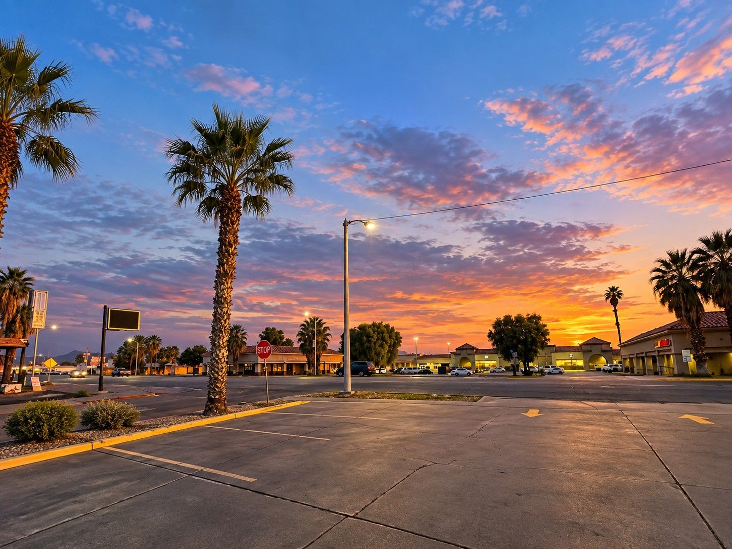 A street view at sunset with palm trees, a stop sign, and buildings in the background.