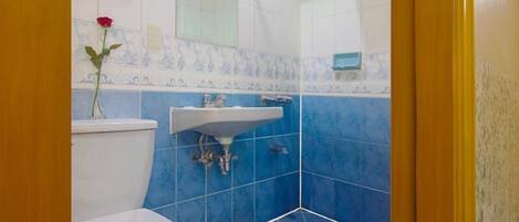 Un baño con inodoro, lavabo y ducha.