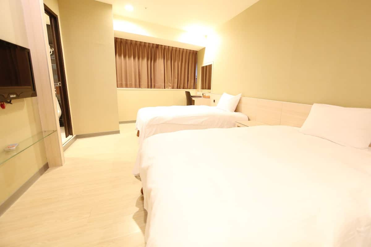 Een hotelkamer met twee bedden, een televisie, een spiegel en een raam met gordijnen.