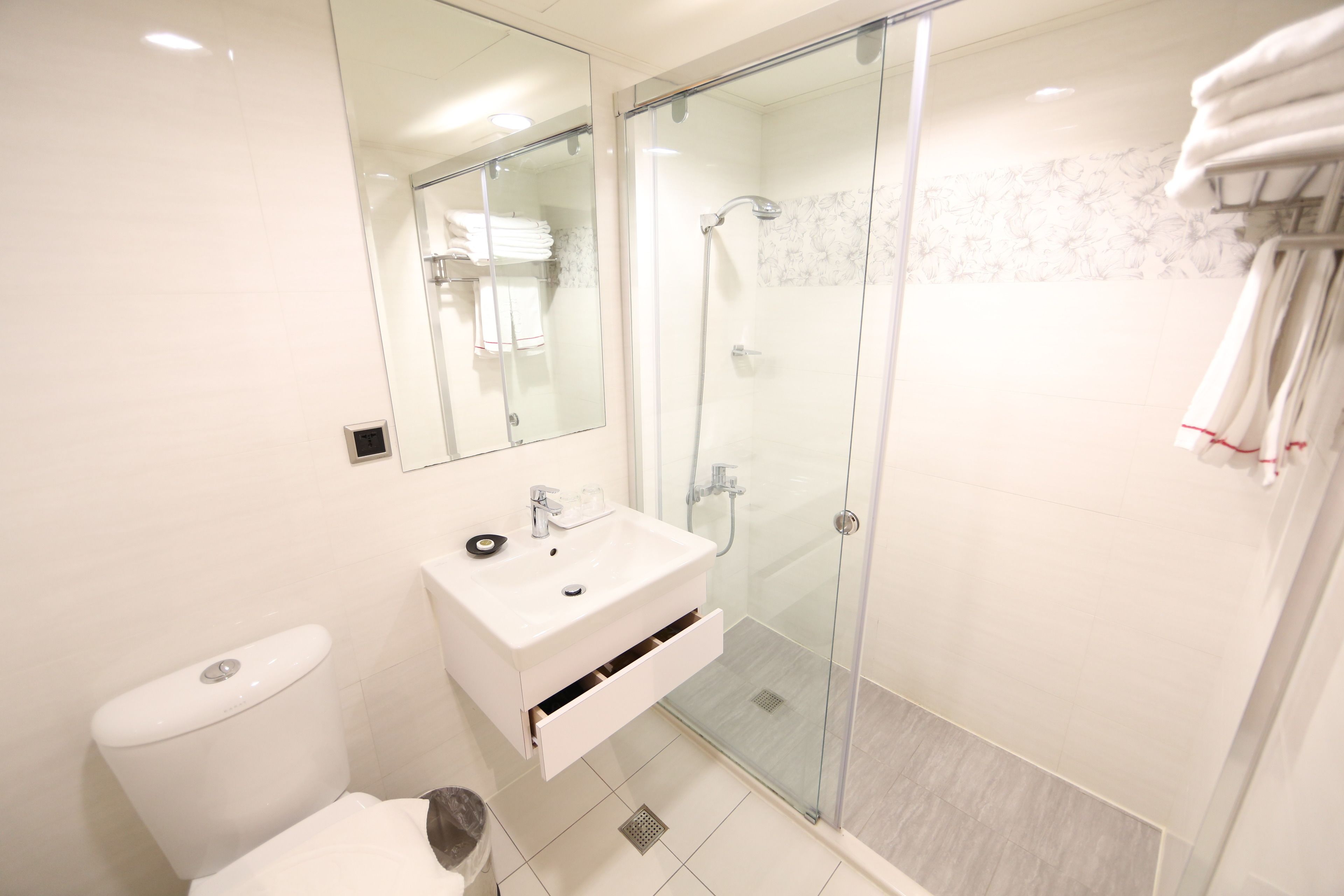 A modern bathroom with a glass-enclosed shower, a white sink, and a toilet.