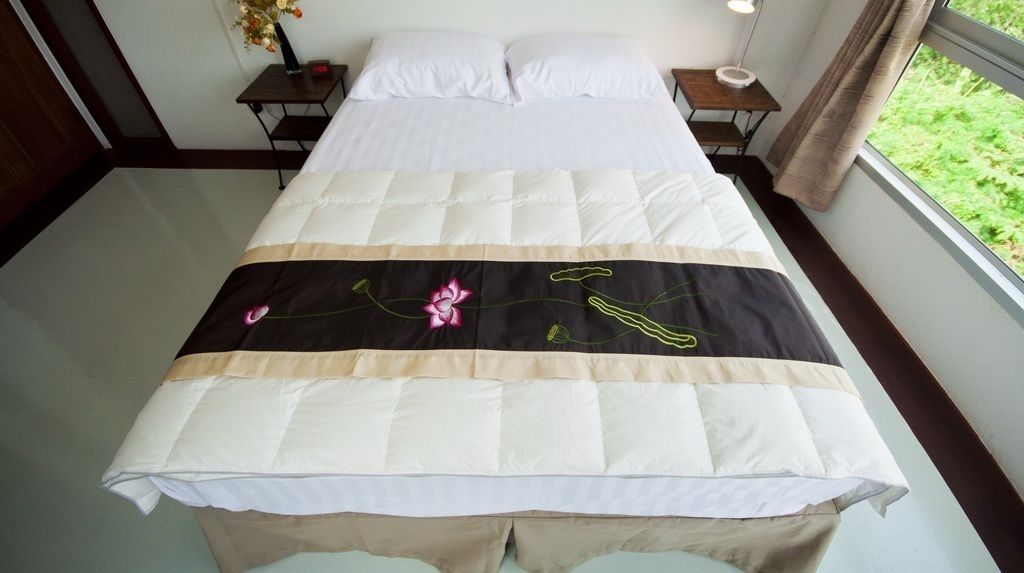 A neatly made bed with a floral-patterned blanket, a bedside table with a lamp, and a view of greenery through a window.