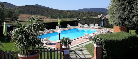 Seasonal outdoor pool, pool umbrellas, pool loungers