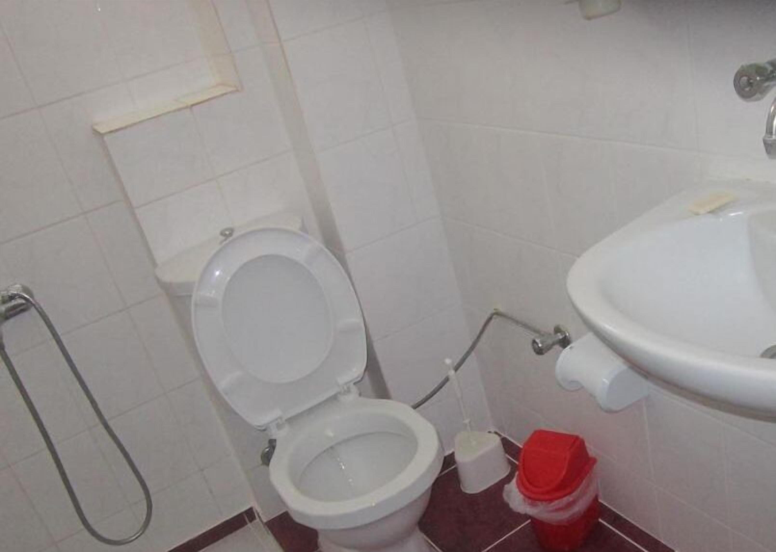 A small bathroom with a toilet, a sink, and a red trash bin.