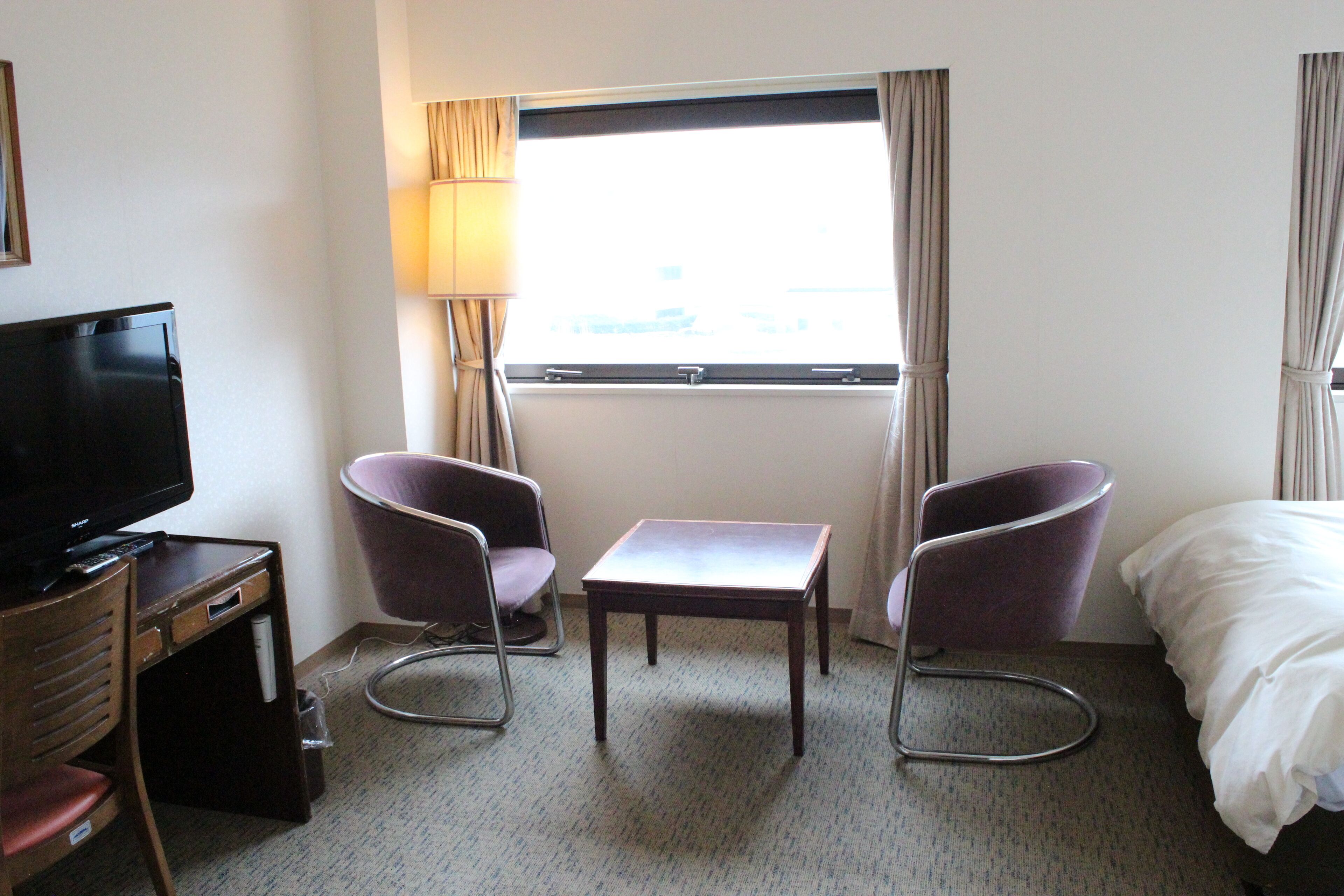 A hotel room with a TV, two chairs, a small table, a bed, a window with curtains, and a lamp.