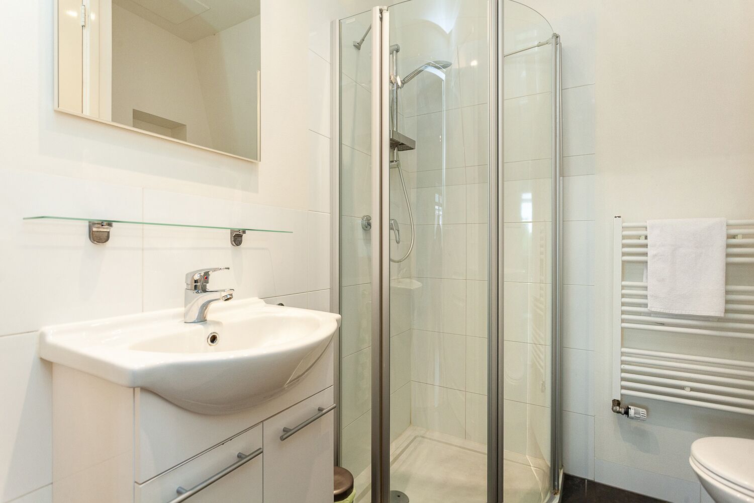 A modern bathroom with a glass-enclosed shower, a white sink, and a toilet.