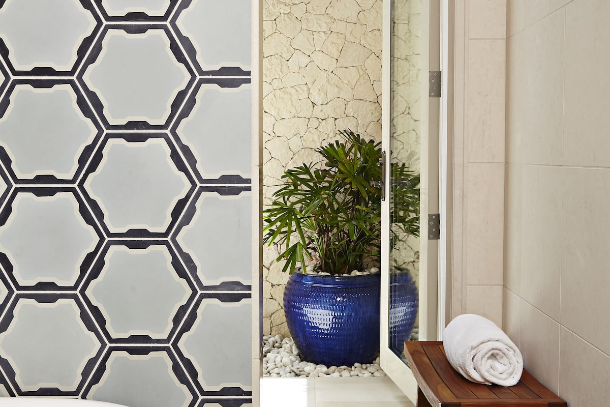 luxury suite, 1 king bed with sofa bed, terrace, pool view | bathroom | separate bathtub and shower, deep-soaking bathtub, rainfall showerhead