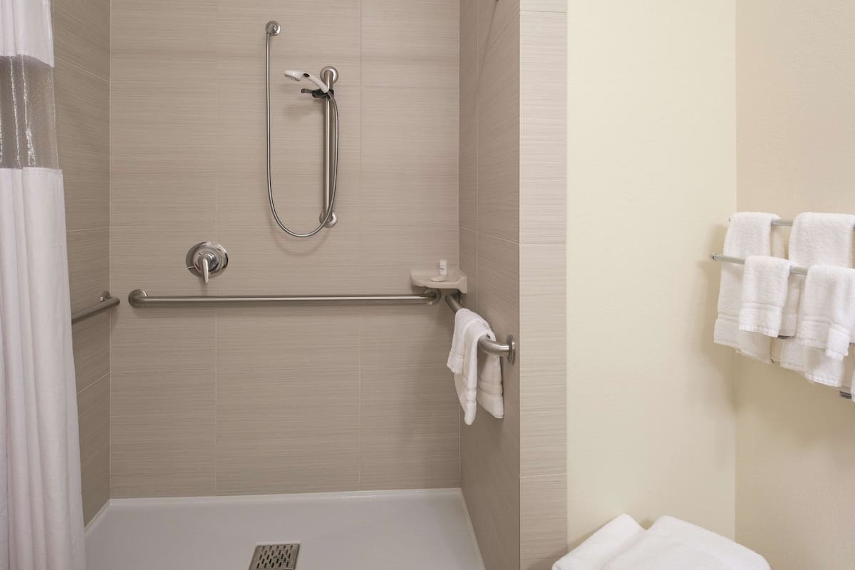 Un baño moderno con ducha, barra de apoyo y toallero.