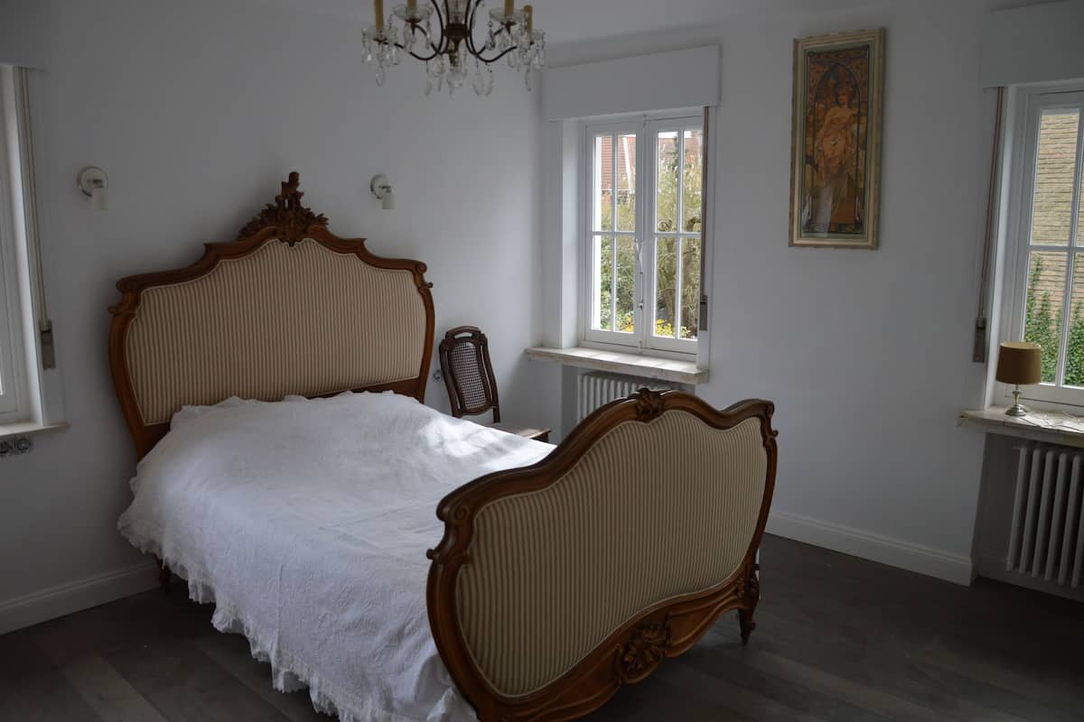 Un dormitorio con una cama grande, una araña, una ventana con vistas y un radiador.