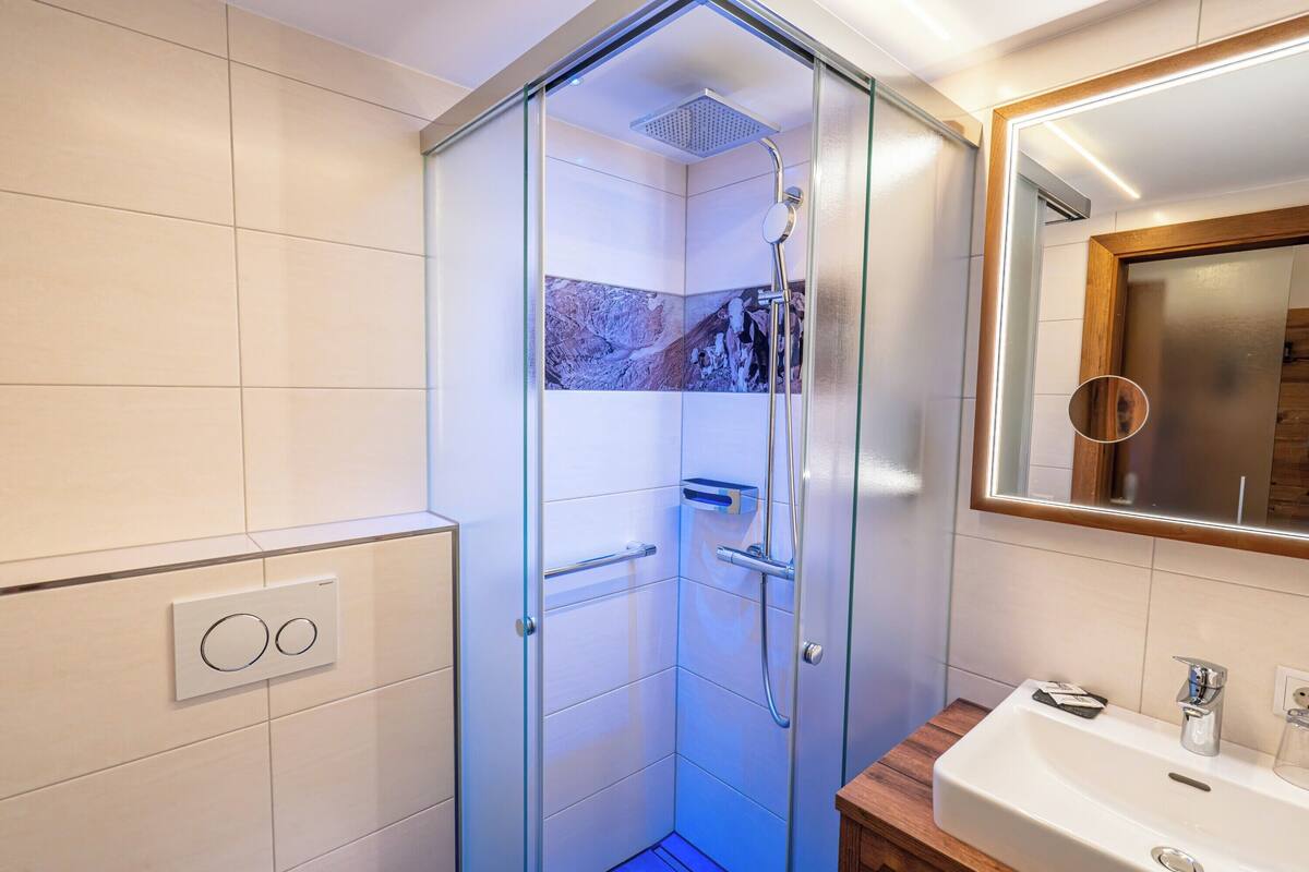 double room, balcony, annex building | bathroom | shower, hair dryer, towels