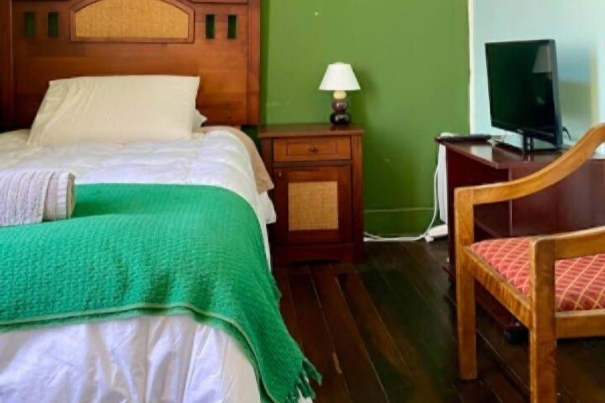 A neatly made bed with a green blanket, a bedside table with a lamp, a television on a stand, and a chair with a red cushion.