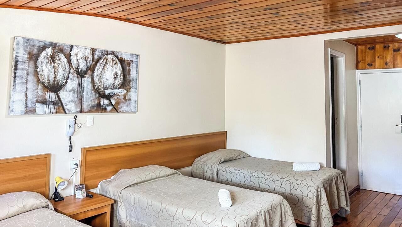 Habitación de hotel con dos camas individuales, un cabecero de madera, un cuadro en la pared y una puerta que da a otra habitación.