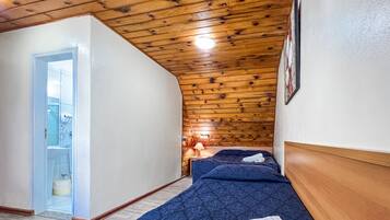 Een smalle gang die leidt naar een slaapkamer met een houten plafond, een bed en een nachtkastje met een lamp.