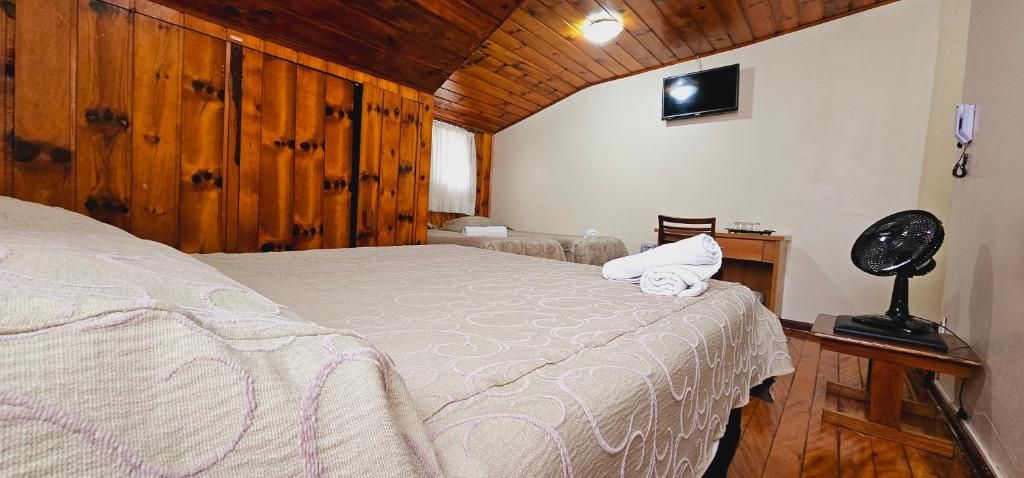 Une chambre avec deux lits, des murs en bois, une télévision, un ventilateur et une petite table.