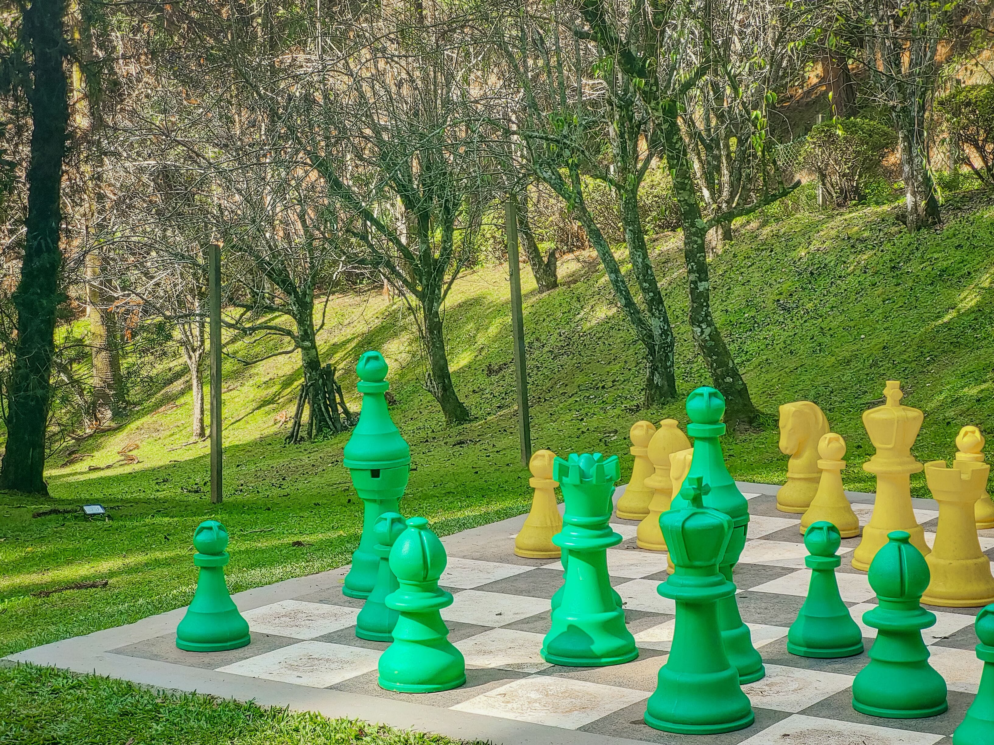 A chessboard set outdoors with green and yellow pieces on a checkered surface, surrounded by trees and grass.