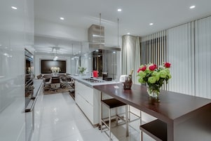 Penthouse, 2 Bedrooms, Balcony | Private kitchen | Full-size fridge, microwave, oven, stovetop