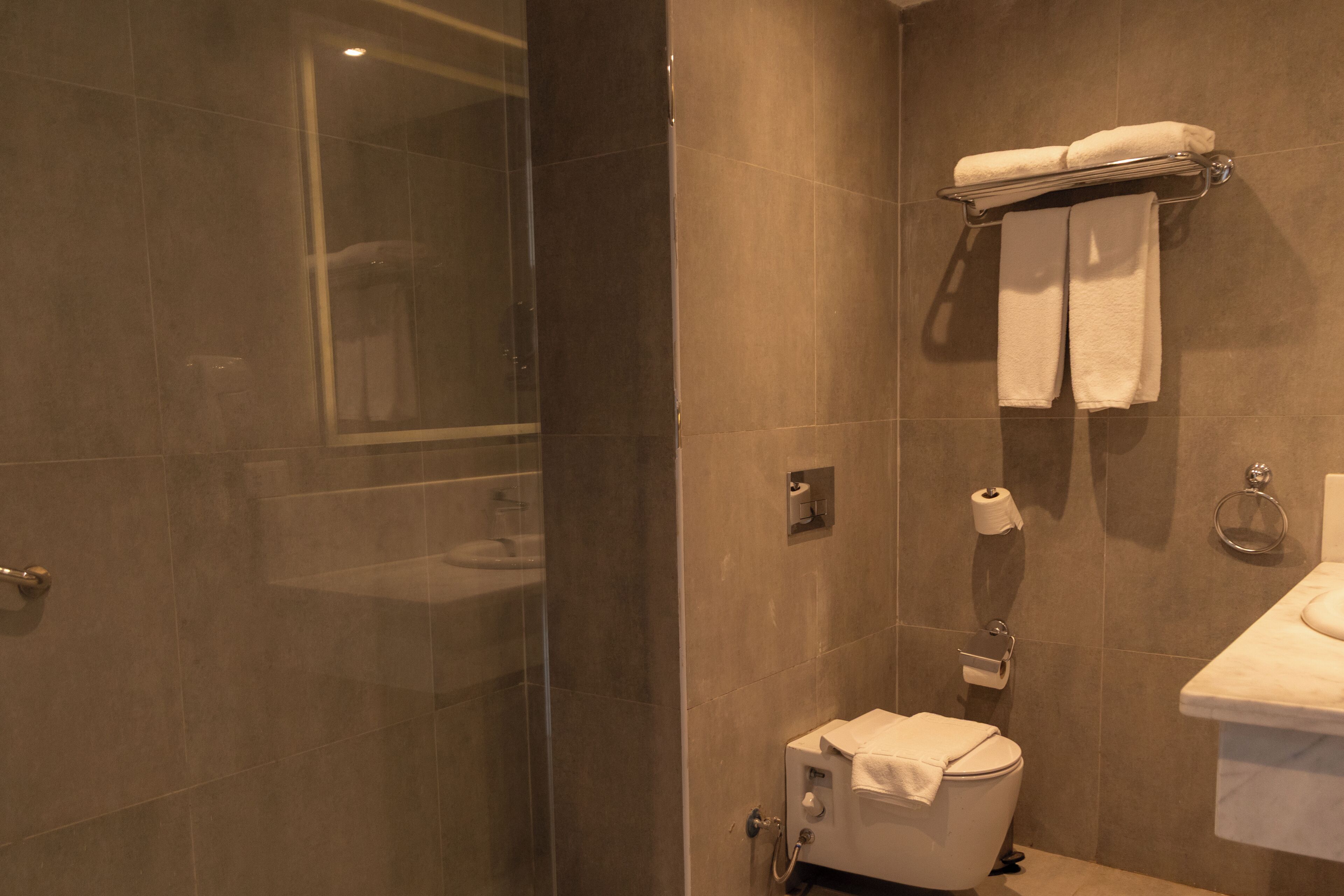 Un baño con cabina de ducha de vidrio, inodoro, lavabo y toallero con dos toallas.