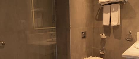 A bathroom with a glass shower enclosure, a toilet, a sink, and a towel rack with two towels.