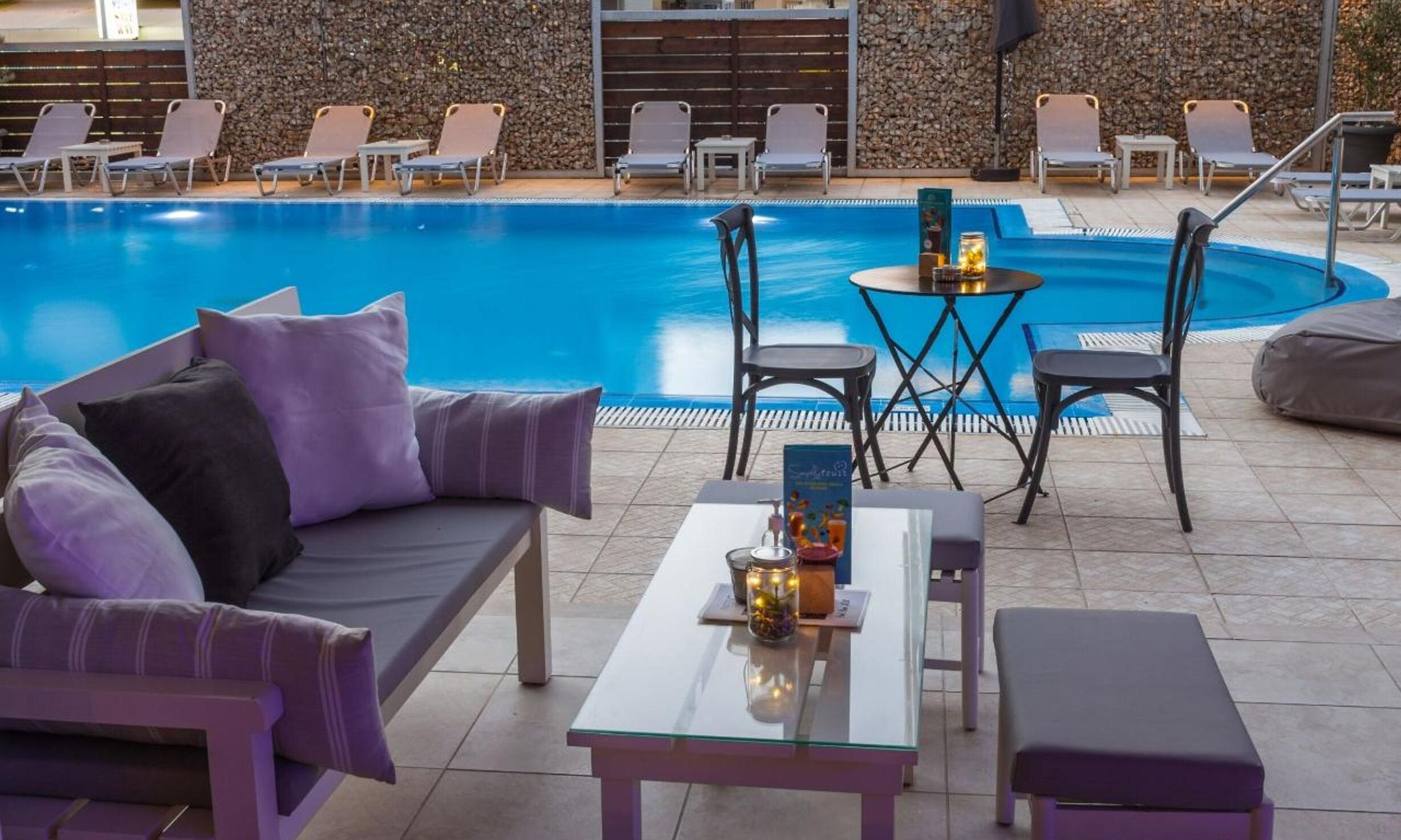 outdoor pool, pool umbrellas, pool loungers