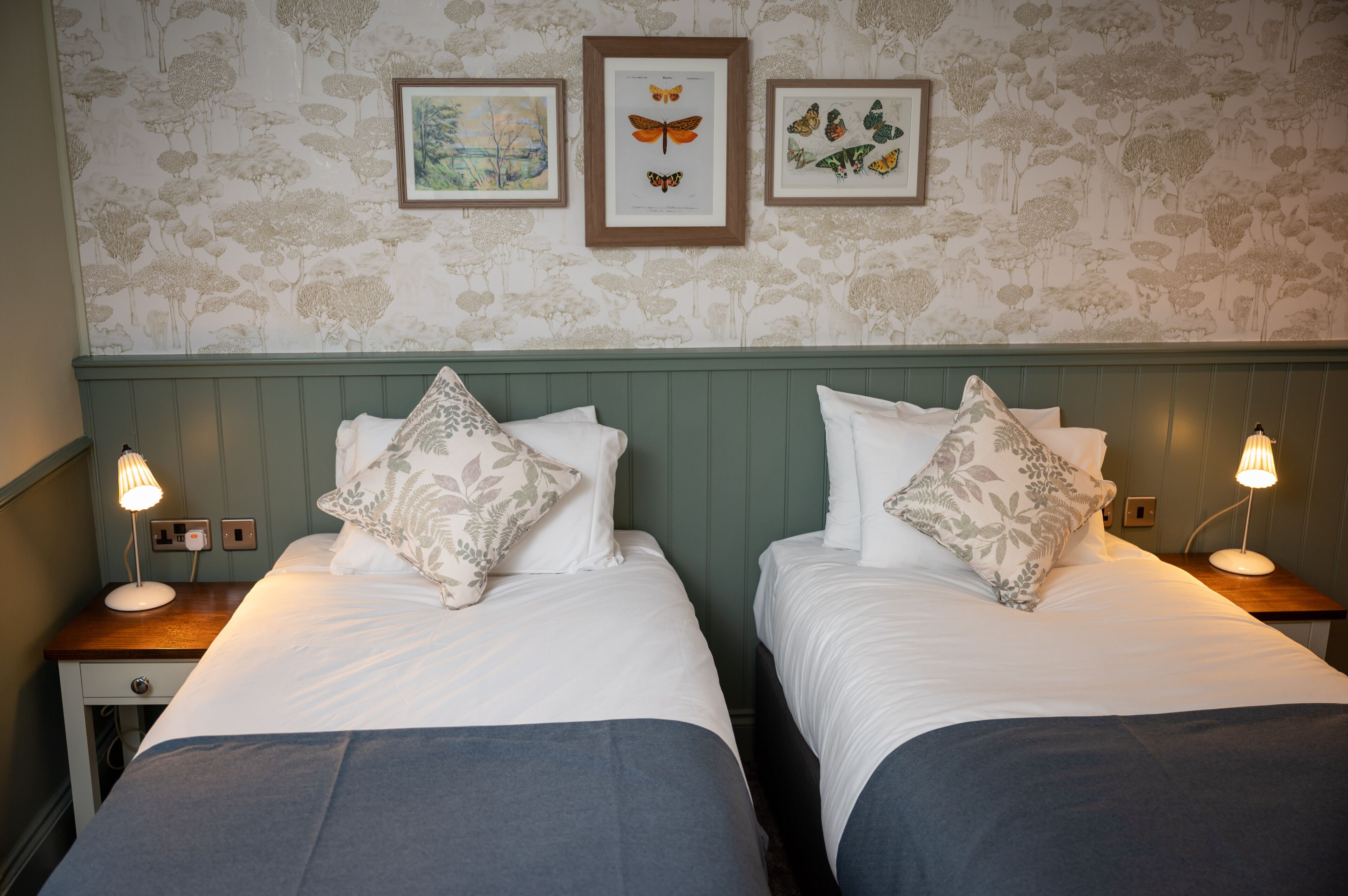 A double bed room with two nightstands, each with a lamp, and three framed butterfly prints on the wall.