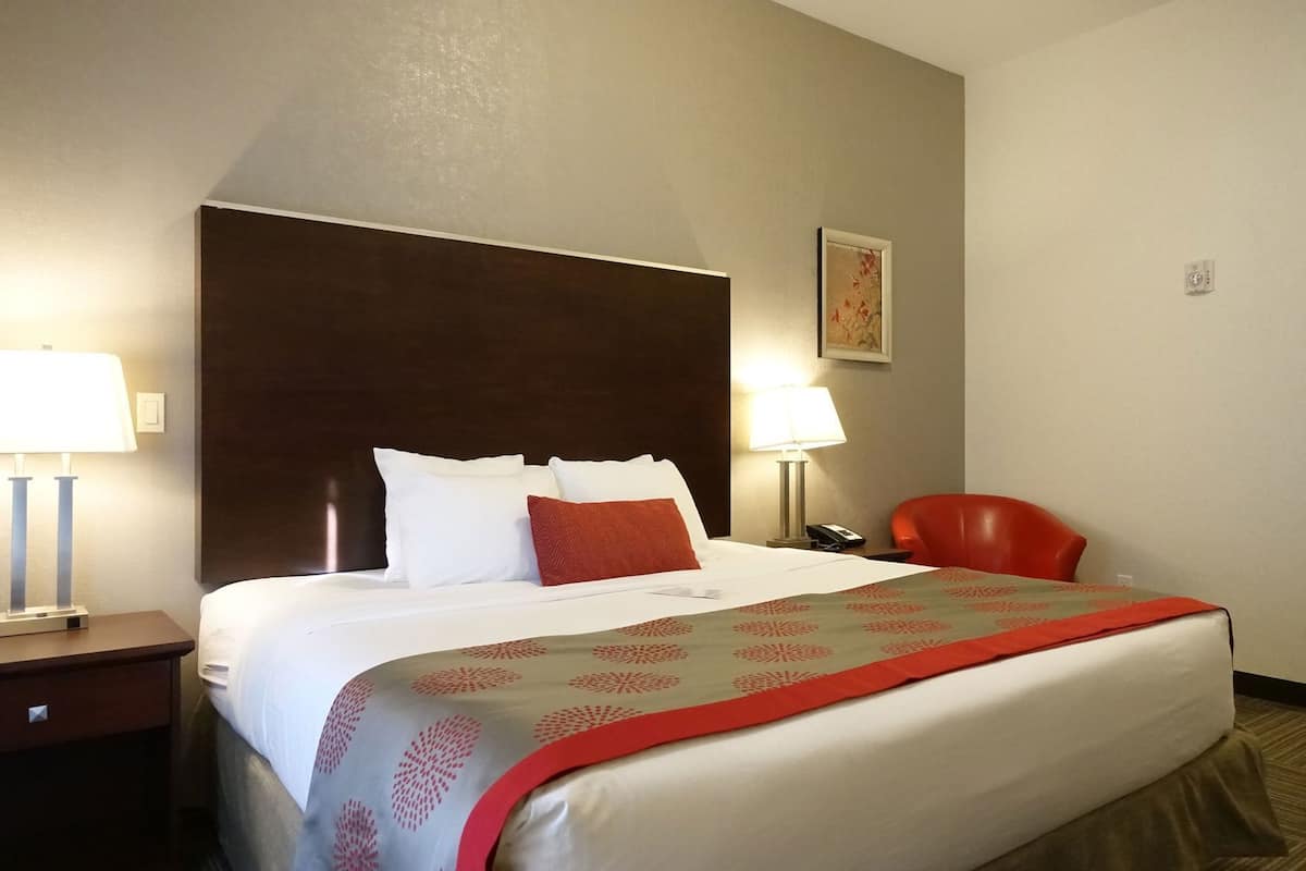 Une chambre d’hôtel avec un grand lit, deux lampes de chevet, un fauteuil rouge et un tableau au mur.