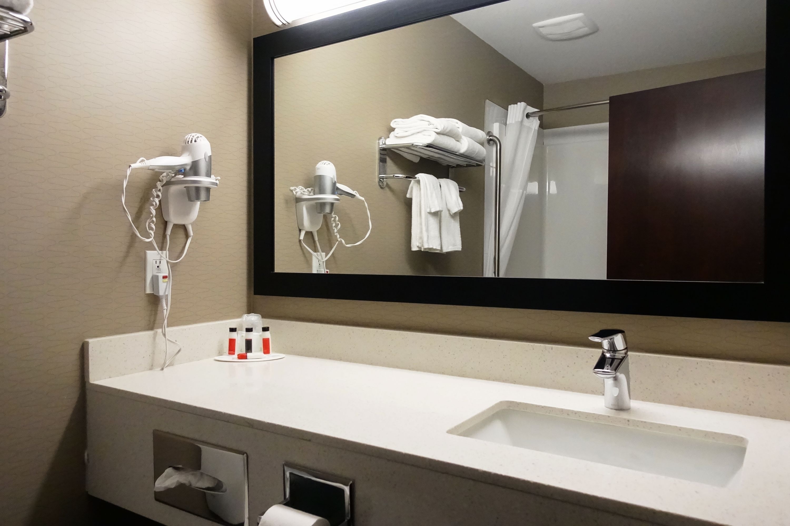 free toiletries, hair dryer, towels