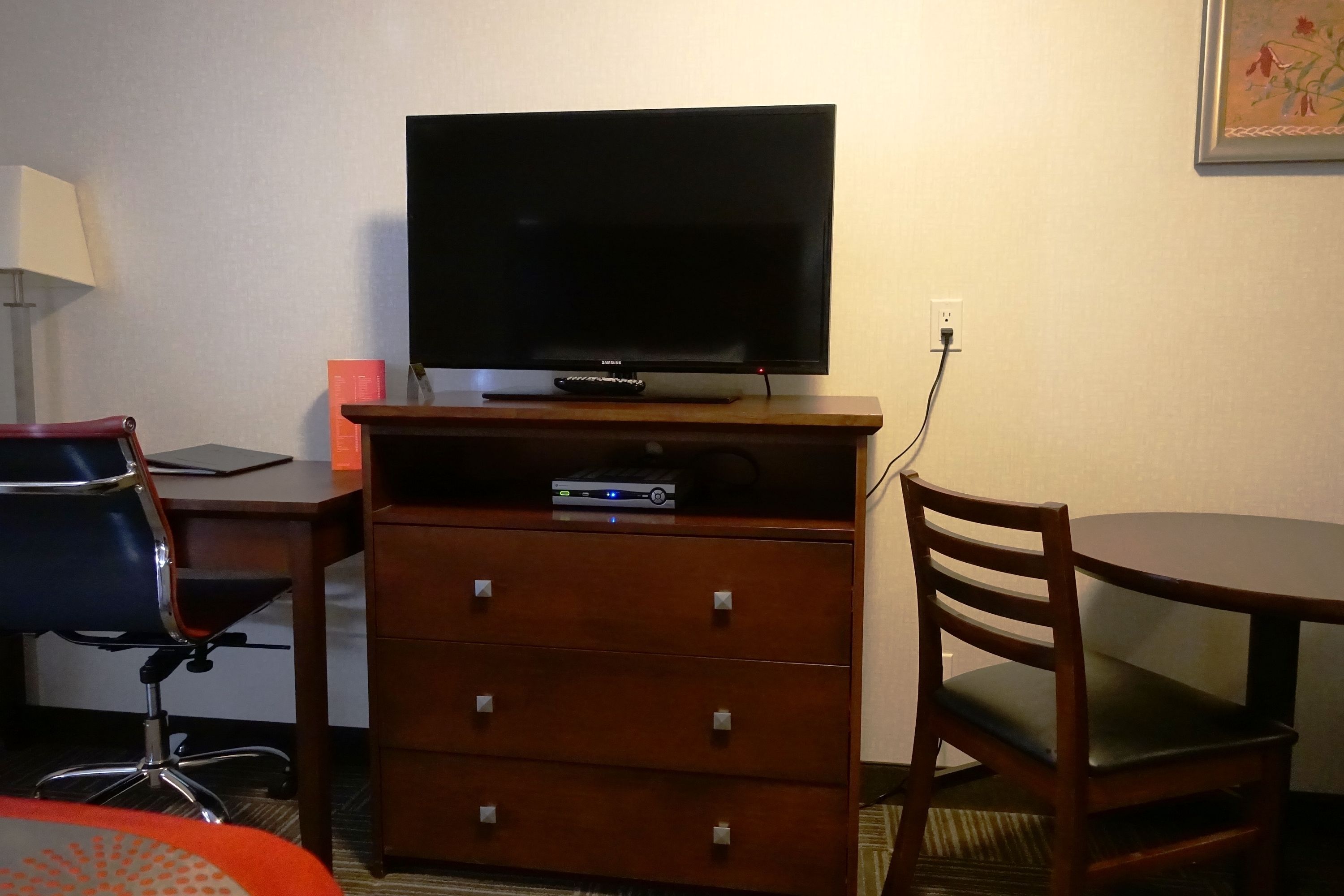 desk, laptop workspace, blackout curtains, iron/ironing board