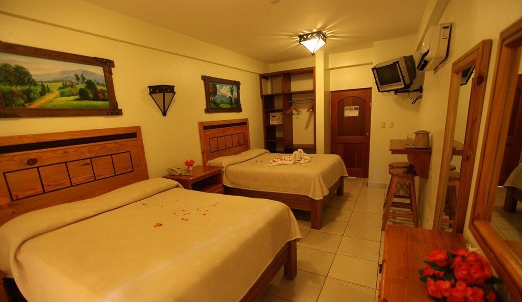 Quarto de hotel com duas camas, cabeceiras de madeira, uma mesa pequena com um vaso de flores e uma televisão presa à parede.