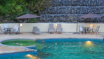 Outdoor pool, pool umbrellas, pool loungers