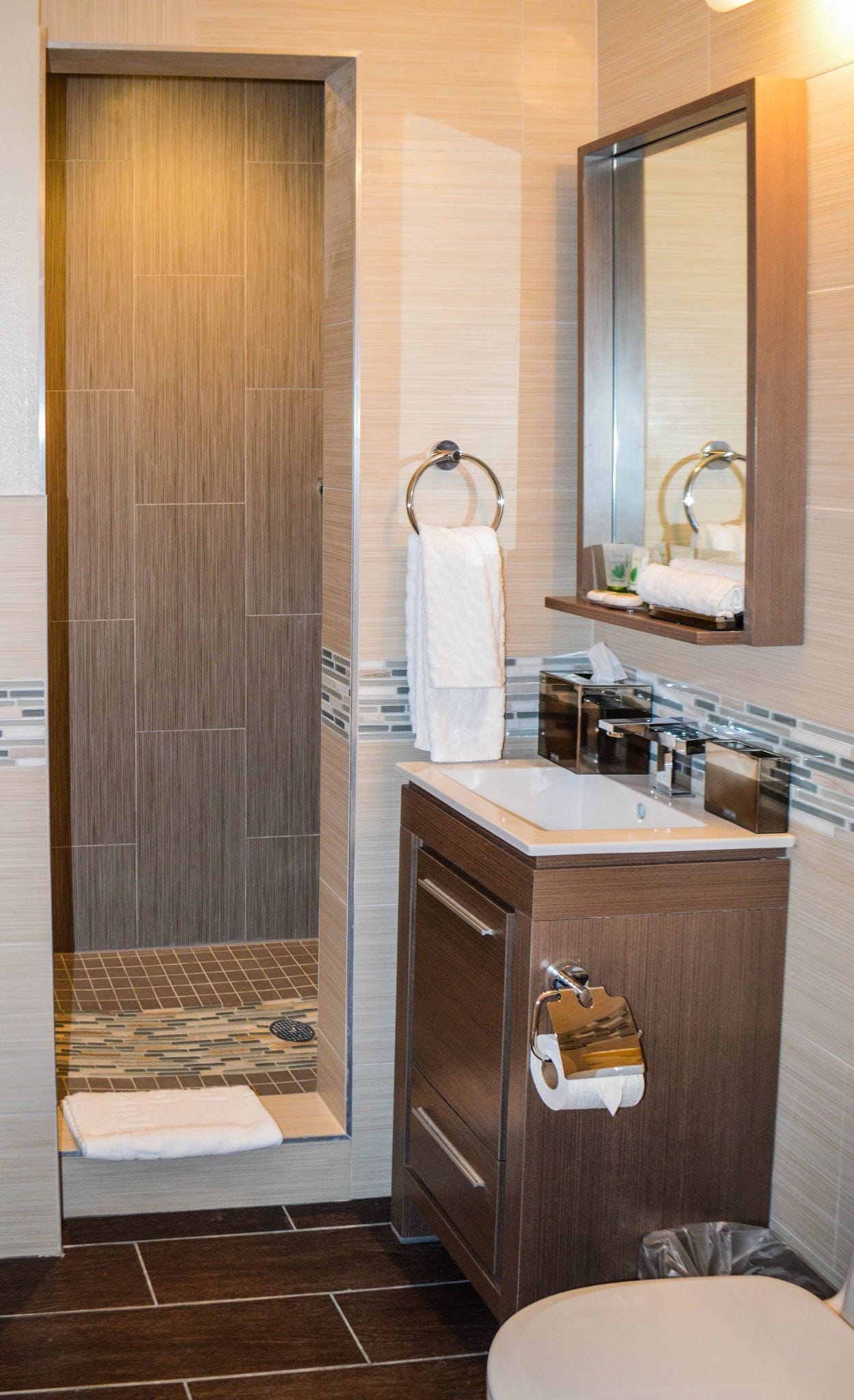 A modern bathroom with a walk-in shower, a vanity with a mirror, and a toilet.
